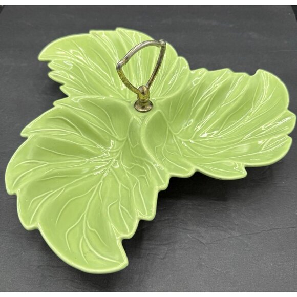 Vintage California USA Pottery Green Triple Leaf Divided Platter Ring Handle MCM - Picture 2 of 10